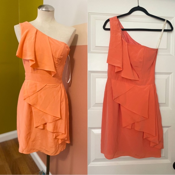 Shoshanna Sadie Silk Coral One Shoulder Dress - Picture 3 of 9